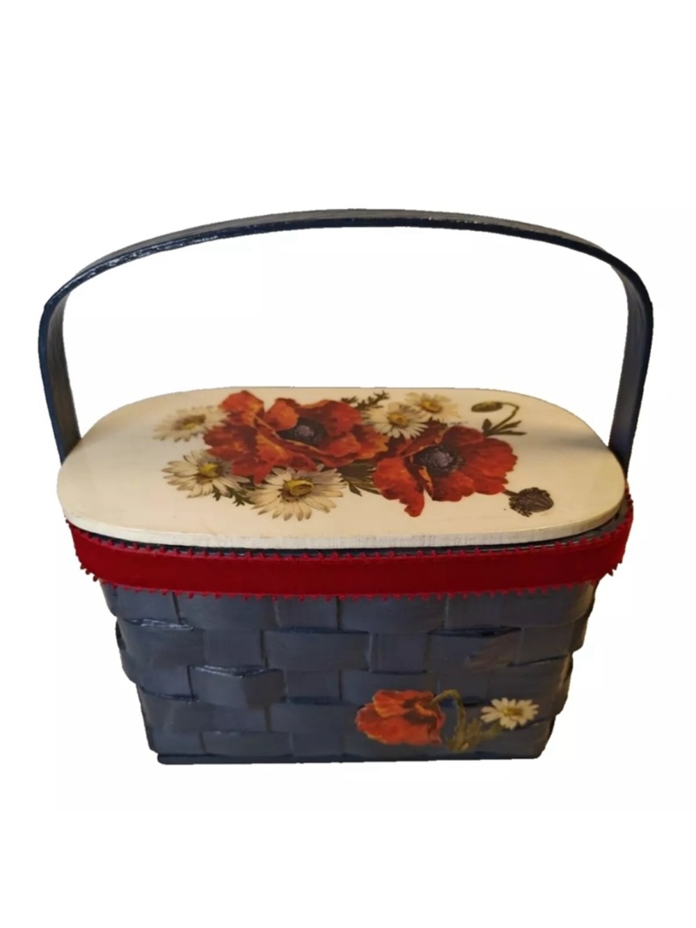 Hand-Painted Floral Picnic Basket - Red Poppy Design